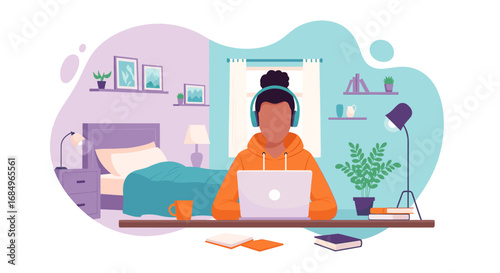 Focused person working or studying remotely on a laptop with headphones in a modern home office. Concepts: telework, online education, flexible lifestyle.