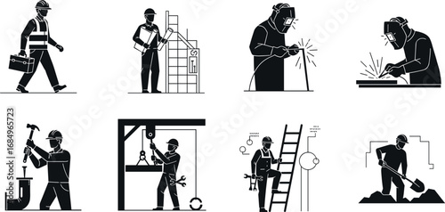 Construction worker silhouettes, industrial labor, welding, hammering, scaffolding, blueprint planning, heavy machinery operation, manual work, building site safety, teamwork, engineering