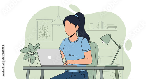 Woman working remotely on laptop from a comfortable home office, embodying productivity, freelance, and modern digital lifestyle. Ideal for business, education, or technology themes.