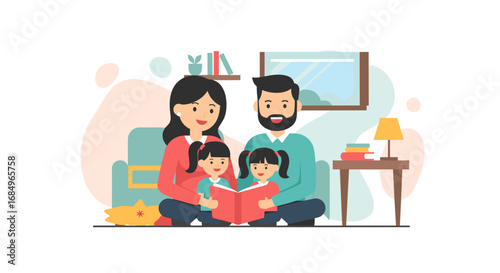 Happy family with parents reading a storybook to their two young daughters at home, fostering learning and bonding.