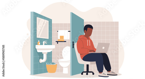 Young man working remotely on his laptop while sitting in a bathroom. Depicts flexible workspace, work-life balance, and modern digital lifestyle.