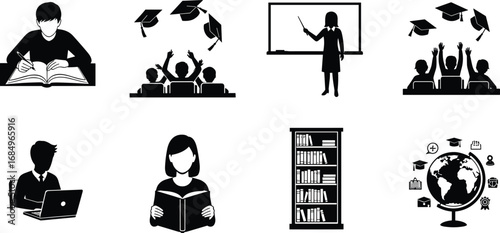Education and school silhouettes, students learning, teacher teaching icons, online learning, classroom study, graduation, books, reading, global education set