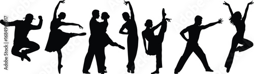 Dance silhouette illustrations, ballet dancer poses, couple dance vector, contemporary movement, performance art, expressive motion, elegant choreography, stage style