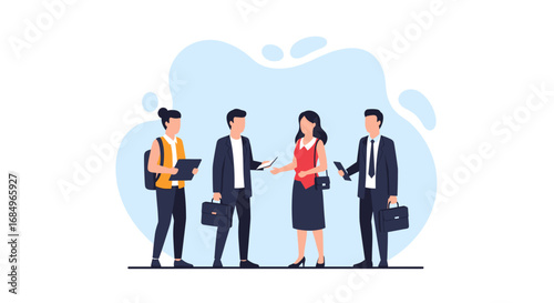 Business professionals collaborating and exchanging information in a modern corporate setting. Ideal for themes of teamwork, partnership, and communication.