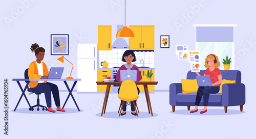 Diverse people working remotely from their homes, illustrating modern flexible work, freelance, and online collaboration concepts. Ideal for business and lifestyle themes.