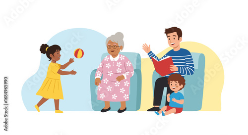 Happy multi-generational family spending quality time together at home, playing and reading. Illustrates family bonding, care, and domestic leisure.