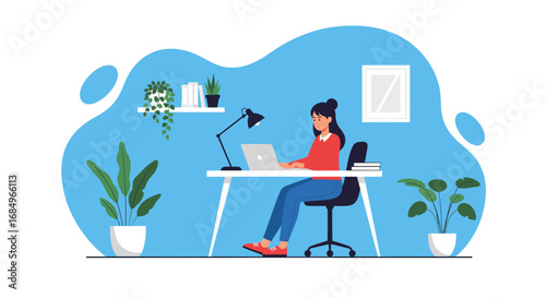 Woman working remotely on laptop at her home office desk, surrounded by plants. Concept of freelance, productivity, and modern lifestyle.