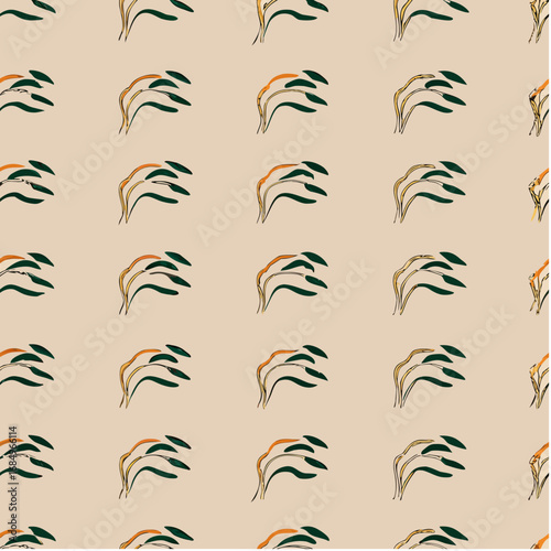 Delicate pattern with hand-drawn leaves in green and orange on a neutral background
