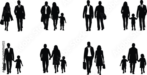 Family walking silhouettes, parents with children, people walking icons, group walking vector, parenting concept, urban walk, togetherness illustration