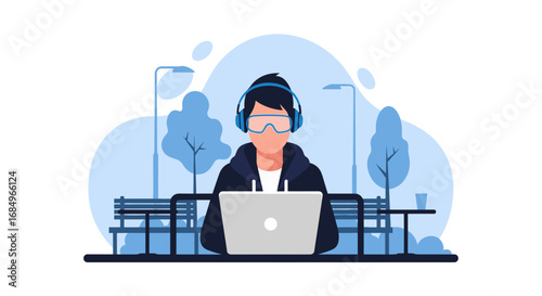 Focused individual working remotely on a laptop with headphones in a park setting. Captures concepts of digital work, online learning, or independent lifestyle.
