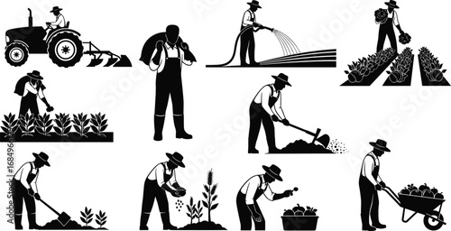 Farmer silhouette collection, agriculture, planting, harvesting, watering crops, tractor work, gardening, farming tools, rural labor, organic farming scene
