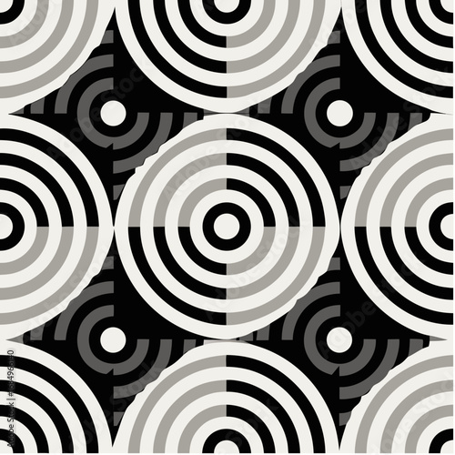 Monochromatic concentric circles pattern in black, white, and gray 