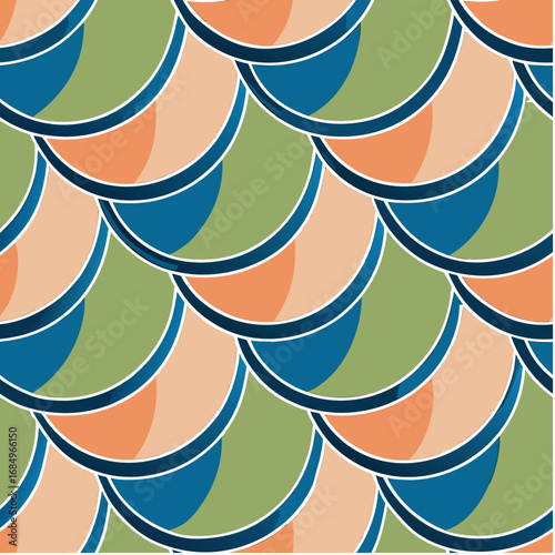 Colorful scalloped pattern with waves in blue, green, and peach tones
