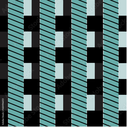 Modern geometric pattern with alternating stripes and squares in teal and black