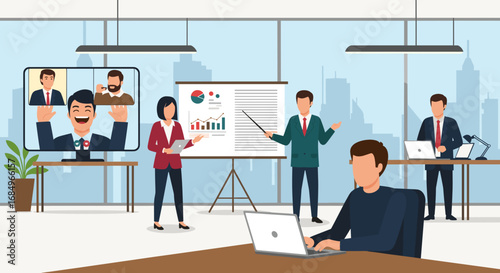 Business professionals in an office conducting a hybrid meeting with a presentation, engaging remote team members via video call for collaboration.