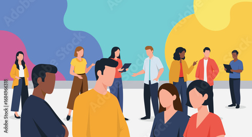 Diverse group of professionals collaborating and communicating in a modern, inclusive environment. Ideal for business, teamwork, and community concepts.