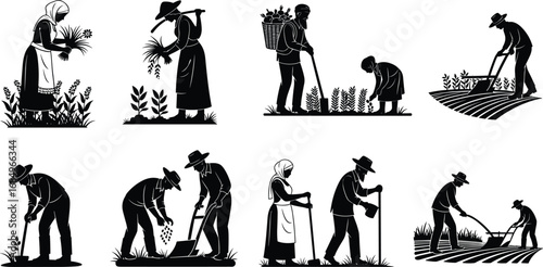 Farmers working in fields, planting, harvesting, watering crops, rural agriculture, farming activities, traditional farming, farm workers, agricultural labor, black silhouettes