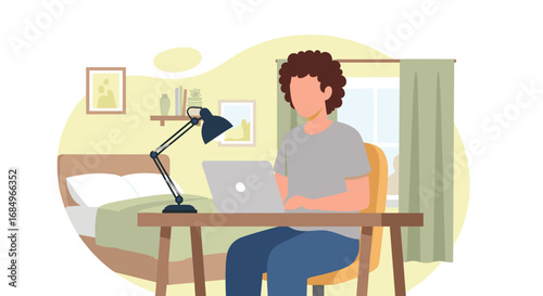 Person working remotely on a laptop at a home desk, illustrating flexible work, online education, or digital lifestyle in a comfortable bedroom setting.