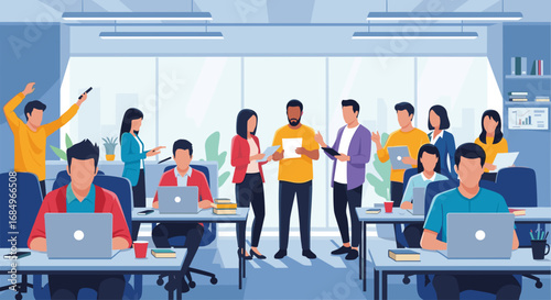 Diverse team collaborating and working diligently in a modern open-plan office. Represents productivity, teamwork, and innovation in a business setting.