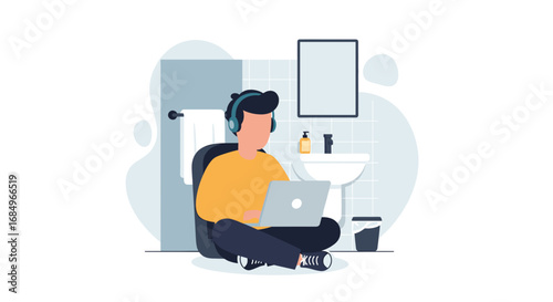 Person working on laptop in an unexpected home setting, wearing headphones. Depicts remote work, flexibility, and concentration.
