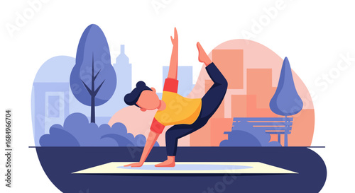 Individual performing a balancing yoga pose on a mat in an urban park, symbolizing health, mindfulness, and active lifestyle.
