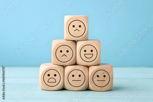 Stack of wooden blocks with different emotion symbols on transparent background