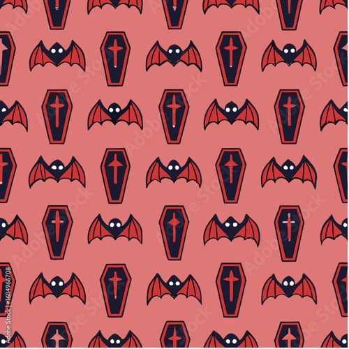 Coffins and Bats Pattern on Coral Background