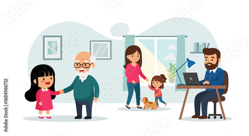 A happy multi-generational family at home. Grandparents, parents, and children interact, balancing remote work with family time and childcare.