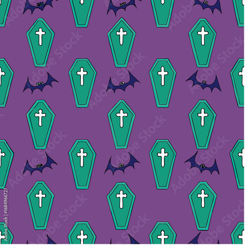 Coffins with Crosses and Bats Pattern on Purple Background