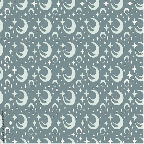 Whimsical moon and star pattern on grayish-blue background for dreamy decor and design