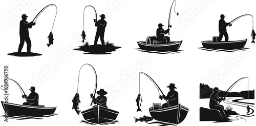 Fishing adventure with anglers, catching fish from boat and shore, peaceful river setting, outdoor recreation, nature, relaxation, and sport fishing activities