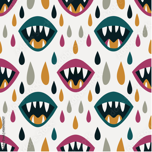 Playful cartoonish mouth pattern with colorful raindrops for children's design and decor