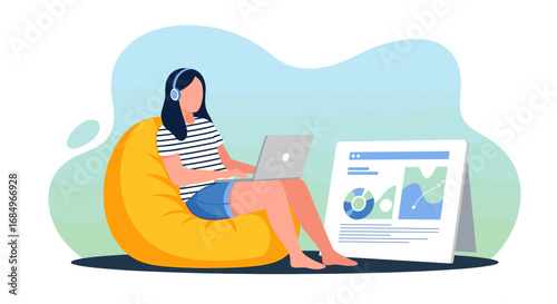 Woman working remotely on a laptop in a comfortable bean bag chair, analyzing charts and data, representing flexible work and productivity.