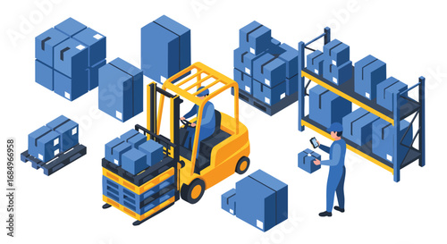 Isometric warehouse logistics operation worker scanning boxes and forklift delivery inventory supplychain storage goods flatdesign