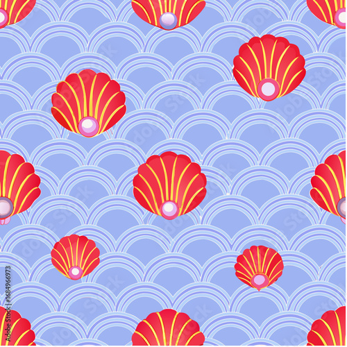 Stylized seashell pattern with pearls on a light blue wave background