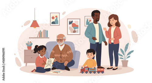 Happy multi-generational family enjoying quality time at home. Grandfather watches children play and draw, while parents converse, embodying warm domestic life and bonding.