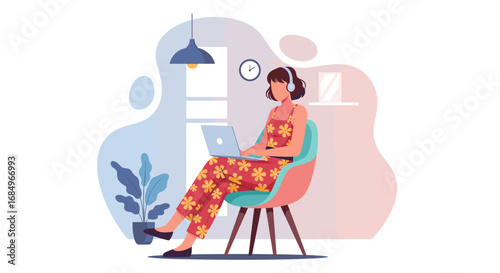 Young woman in floral attire working on a laptop at home with headphones. Ideal for concepts like remote work, online education, freelance, or casual business.