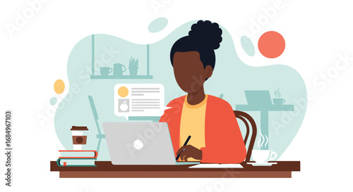 Focused Black woman working on laptop at home office, telecommuting, studying, or freelancing. Concept of remote work, online learning, or digital communication.