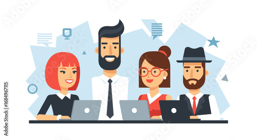Diverse business team collaborating and working together on laptops. Represents teamwork, professional development, and modern office productivity.