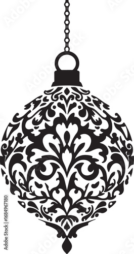 Elegant Ornamental Christmas Bauble with Swirling Floral Designs and Decorative Chain for Festive Celebrations Black and White Design
