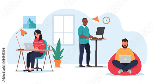 Diverse individuals work remotely from their home offices, demonstrating flexibility and productivity in modern work environments. Ideal for business, lifestyle, and technology concepts.