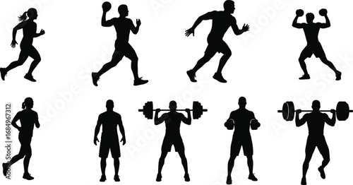 Fitness workout silhouettes, athlete training icons, weightlifting, running, exercise poses, gym bodybuilder figures, health and sports activity illustrations