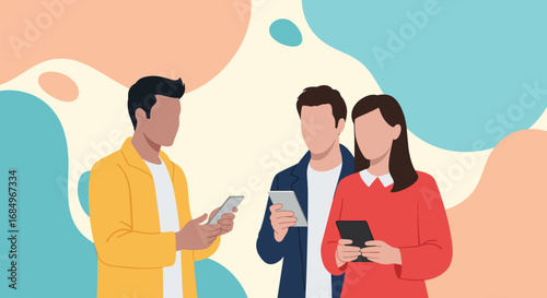 Diverse group of three individuals engrossed in their mobile devices, symbolizing digital communication, social media, and modern tech lifestyle or business interaction.