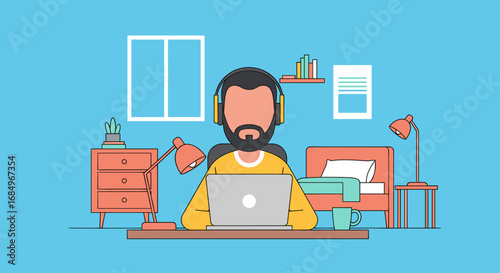 Man in headphones works remotely on laptop from a comfortable home office setup, blending productivity with personal space. Ideal for concepts of flexible work or online education.