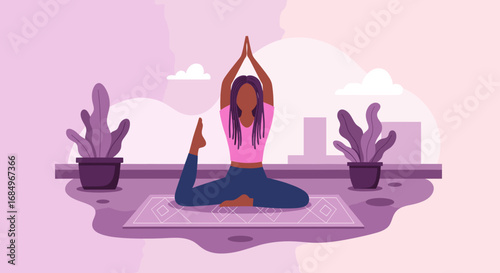 Woman practicing yoga pigeon pose on an outdoor mat, embodying wellness, mindfulness, and healthy lifestyle. Ideal for self-care.