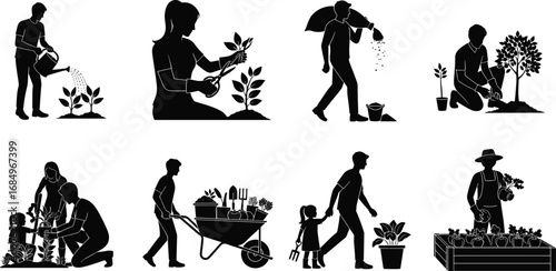 Gardening and planting activities with watering, pruning, sowing seeds, family gardening, garden tools, planting trees, nurturing plants, and outdoor horticulture