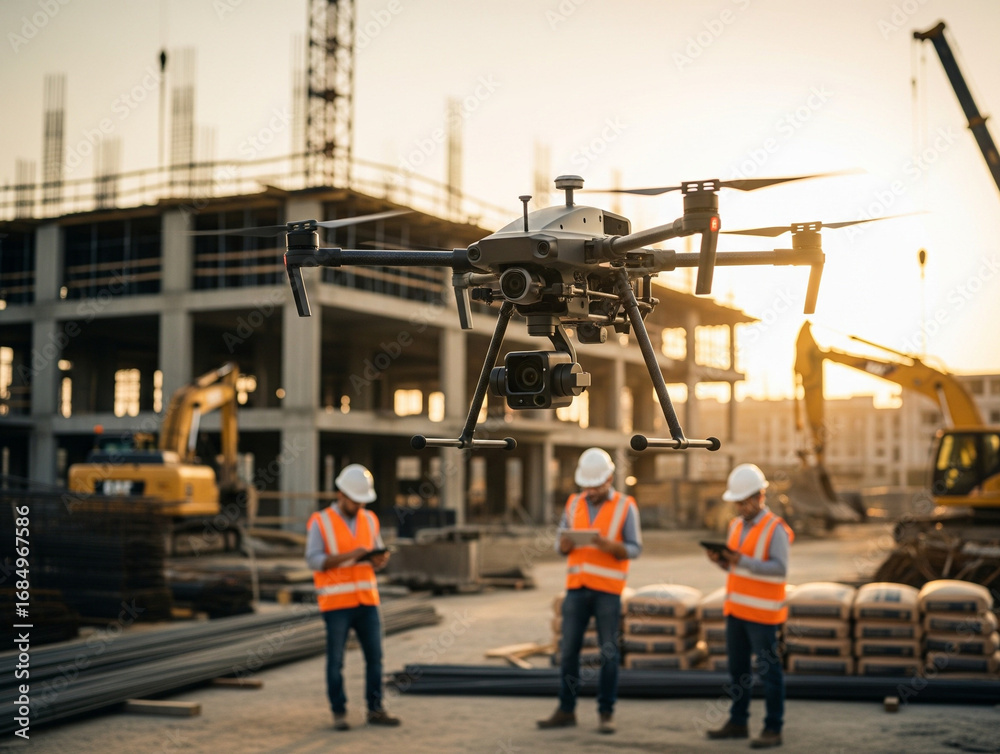 Fototapeta premium Drone flies low monitoring workers’ activities at construction project site.