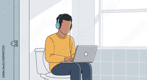 Person with headphones using a laptop while sitting on a toilet, illustrating multitasking, remote work flexibility, or personal time productivity.