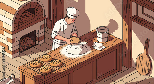 Cartoon baker sifting flour in a warm artisan bakery Baking Bread Dough Oven Kitchen Vector