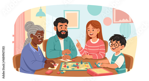 Happy multi-generational family playing a board game together at home, fostering bonding and connection during leisure time.